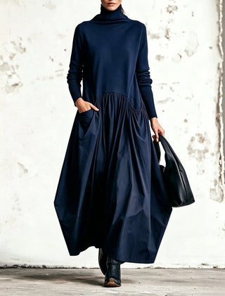 Judith High-Neck Pocket Maxi Dress in Navy