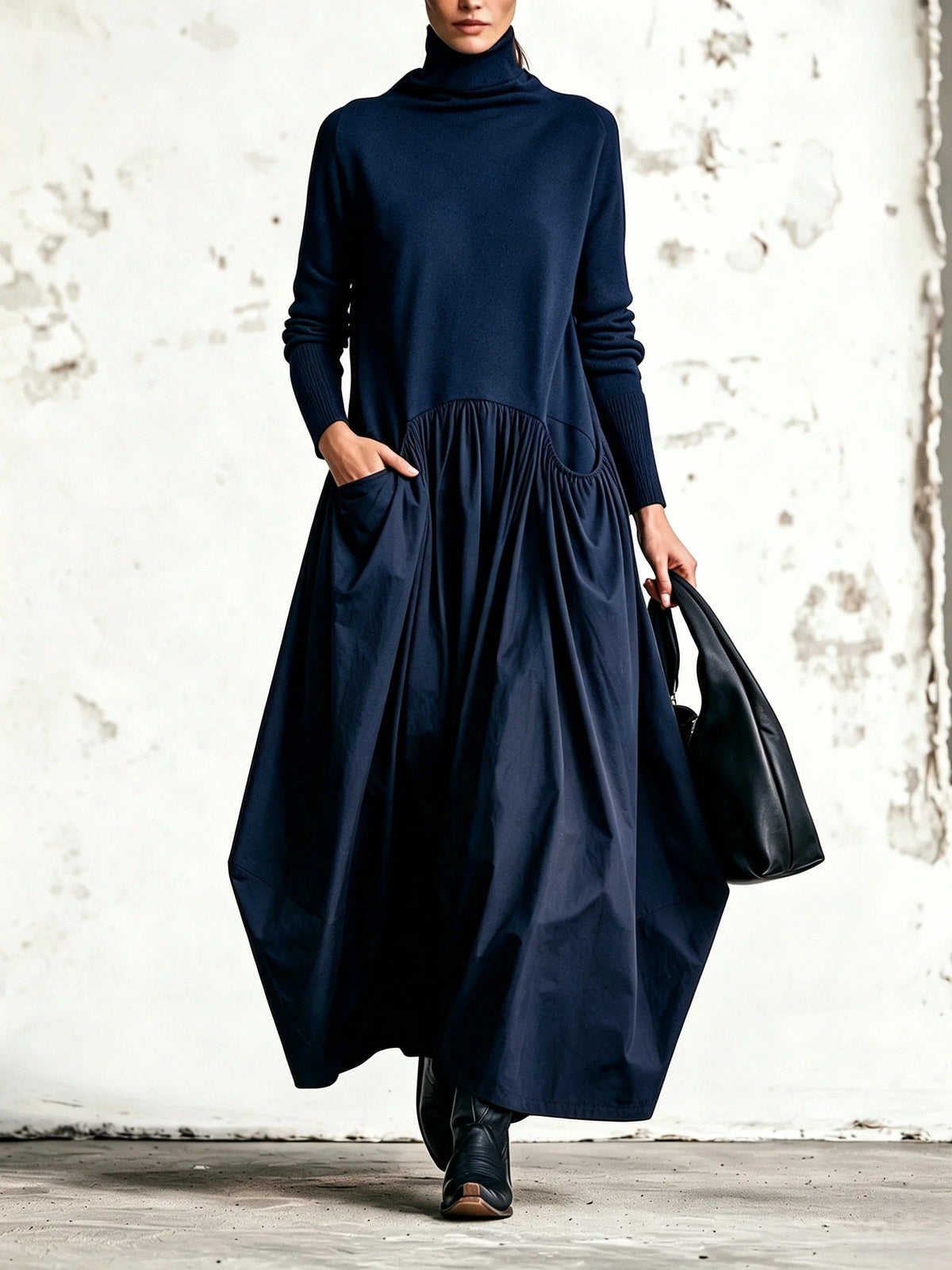 Judith High-Neck Pocket Maxi Dress in Navy