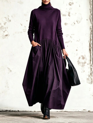 Judith High-Neck Pocket Maxi Dress in Plum Purple