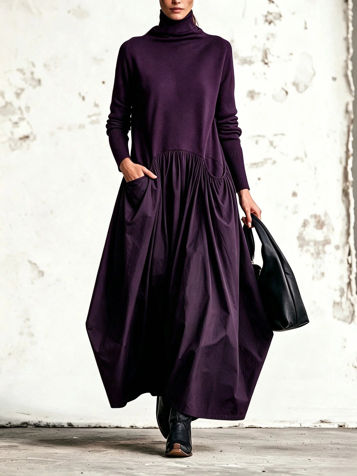 Judith High-Neck Pocket Maxi Dress in Plum Purple