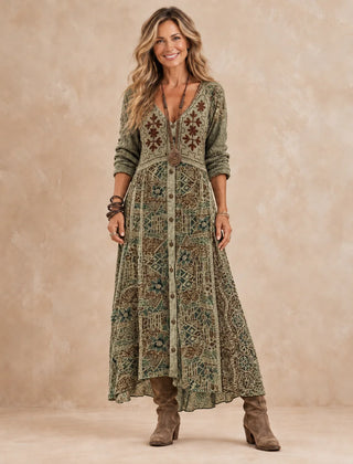 Julia Botanical Print Button-Front Maxi Dress in Olive Green