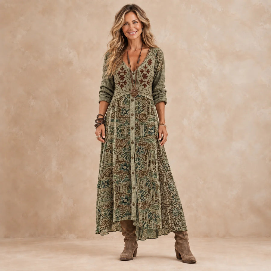 Julia Botanical Print Button-Front Maxi Dress in Olive Green