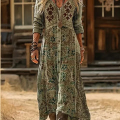 Julia Botanical Print Button-Front Maxi Dress in Olive Green