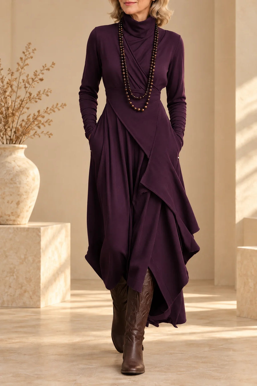 Juliet Draped Turtleneck Maxi Dress in Plum