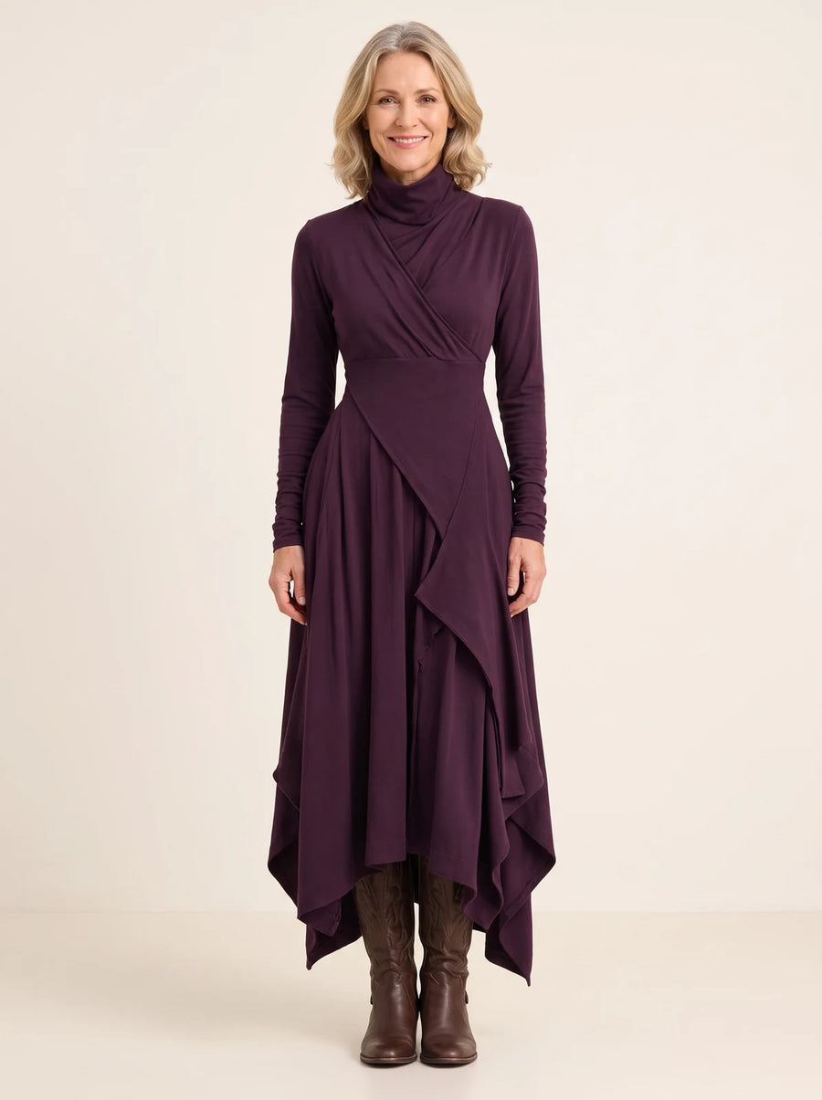 Juliet Draped Turtleneck Maxi Dress in Plum, worn