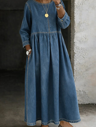 June Contrast Stitch Vintage Maxi Dress in Blue