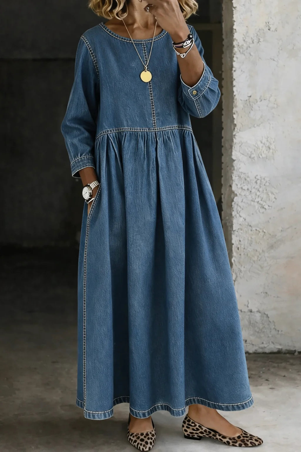 June Contrast Stitch Vintage Maxi Dress in Blue