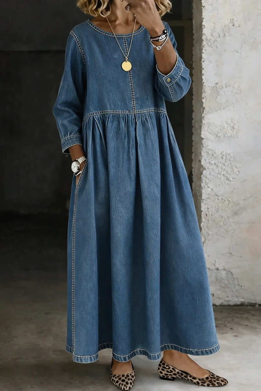 June Contrast Stitch Vintage Maxi Dress in Blue