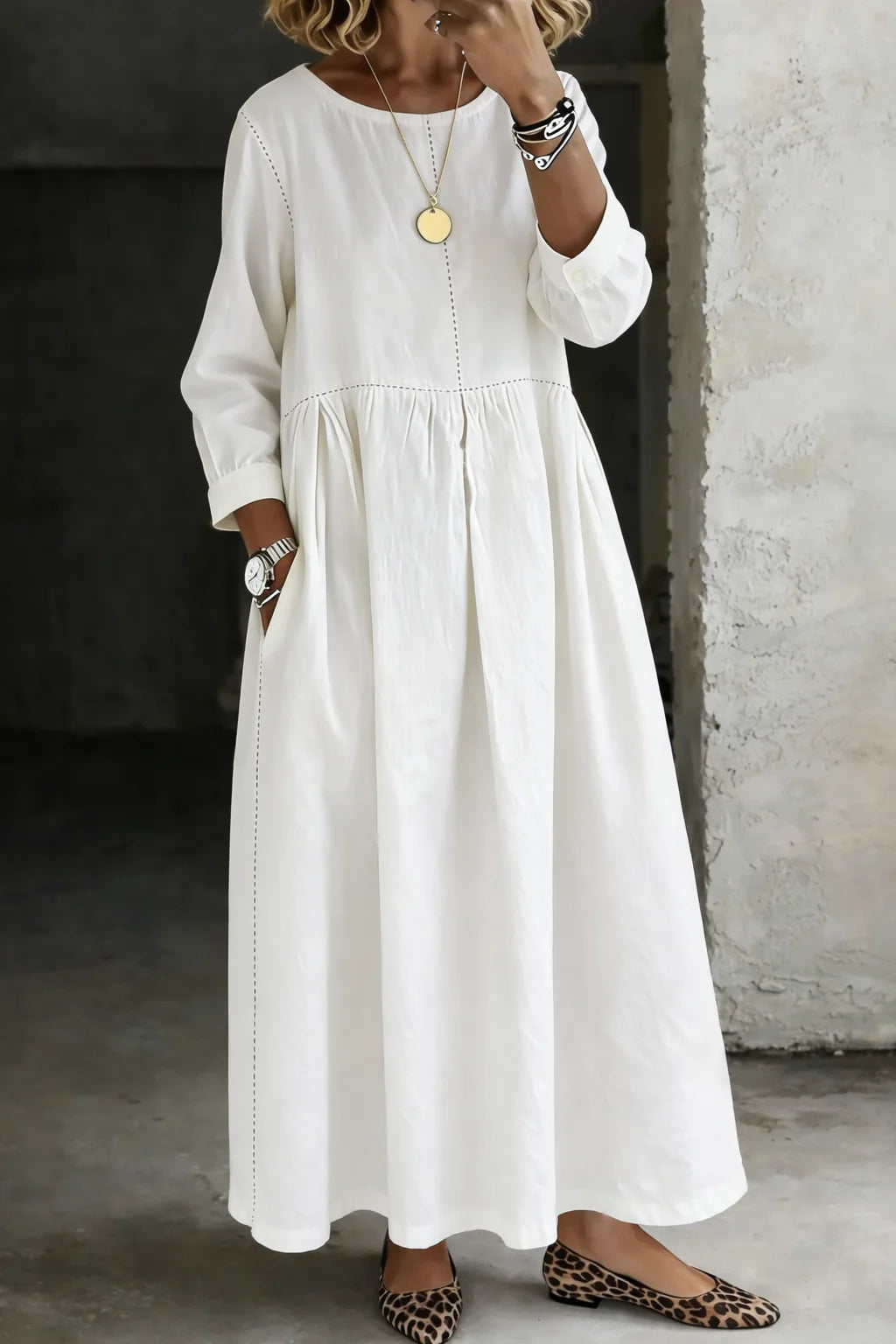 June Contrast Stitch Vintage Maxi Dress in White