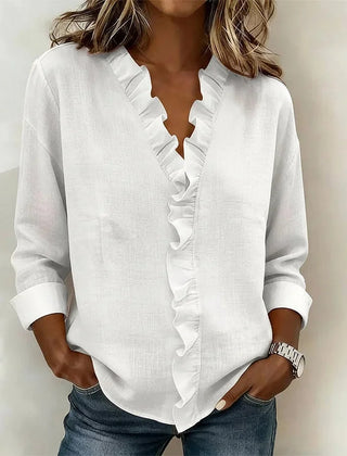Kara Ruffled V-Neck Blouse in White