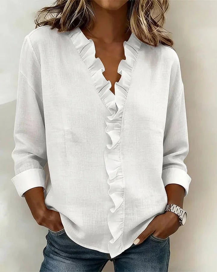 Kara Ruffled V-Neck Blouse in White