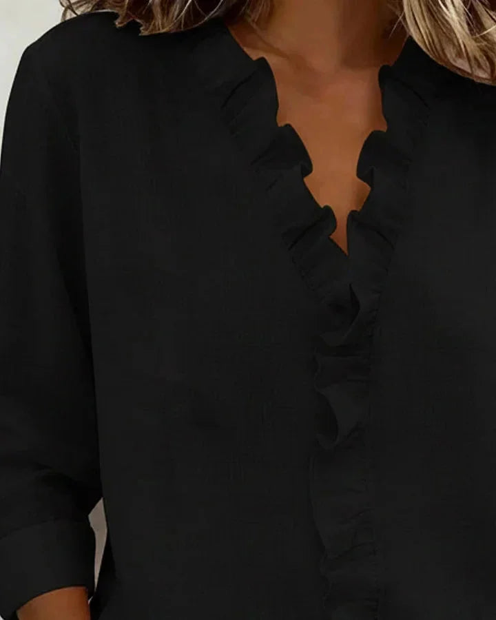 Kara Ruffled V-Neck Blouse in Black