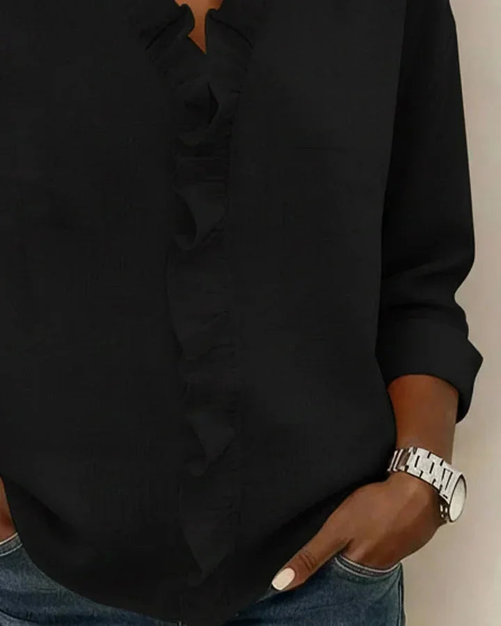 Kara Ruffled V-Neck Blouse in Black