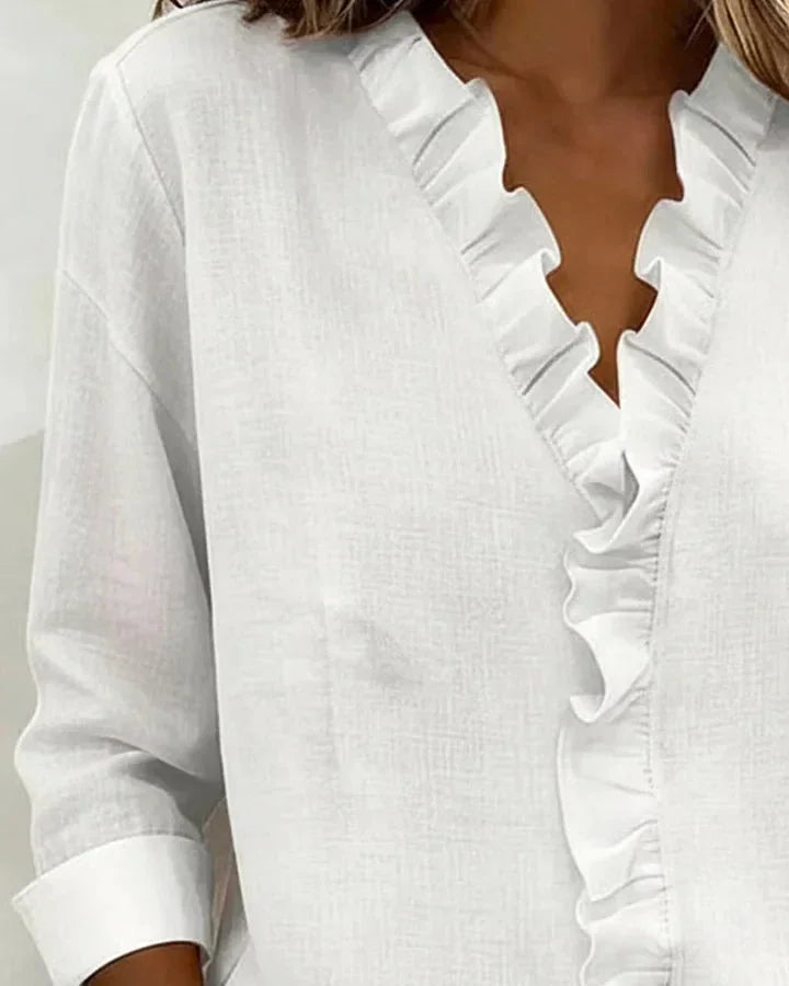 Kara Ruffled V-Neck Blouse in White
