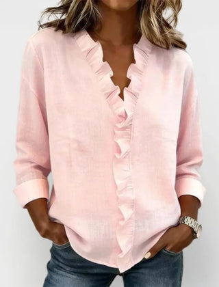 Kara Ruffled V-Neck Blouse in Pink