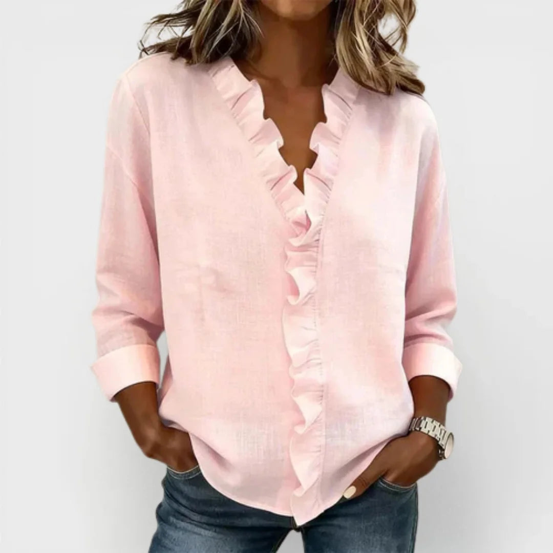 Kara Ruffled V-Neck Blouse in Pink
