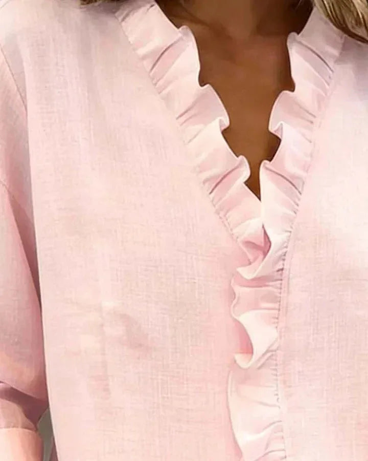 Kara Ruffled V-Neck Blouse in Pink
