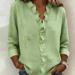 Kara Ruffled V-Neck Blouse in Sage Green