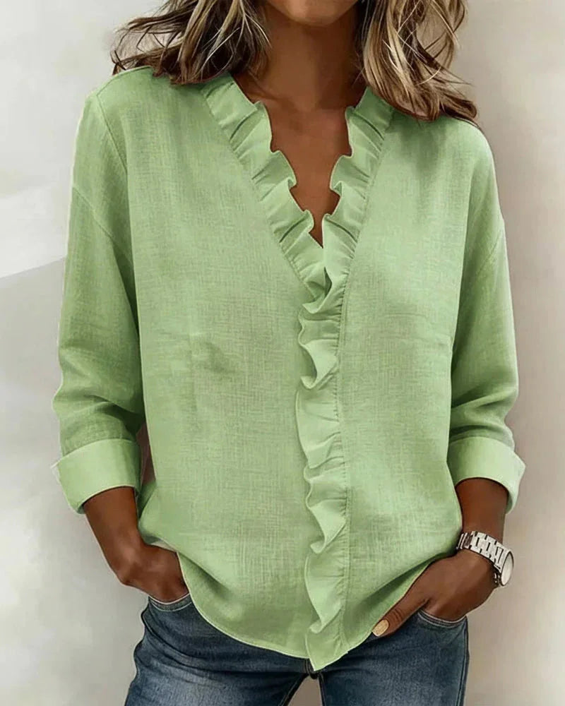 Kara Ruffled V-Neck Blouse in Sage Green