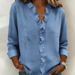 Kara Ruffled V-Neck Blouse in Blue