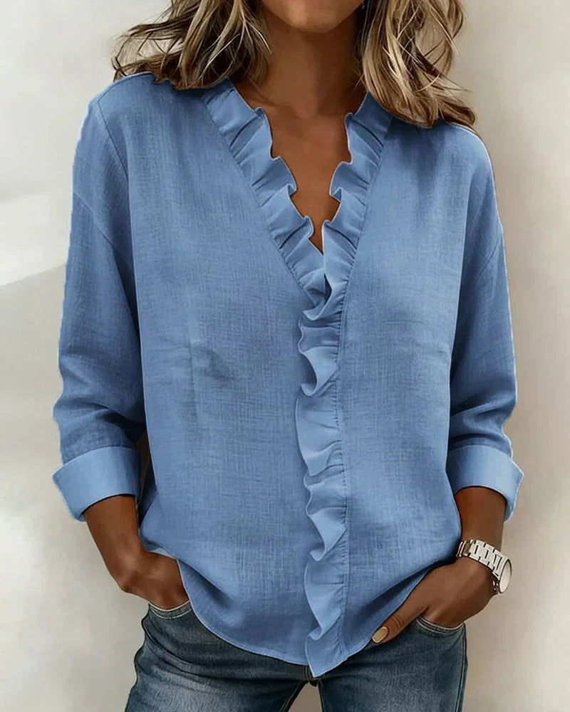 Kara Ruffled V-Neck Blouse in Blue