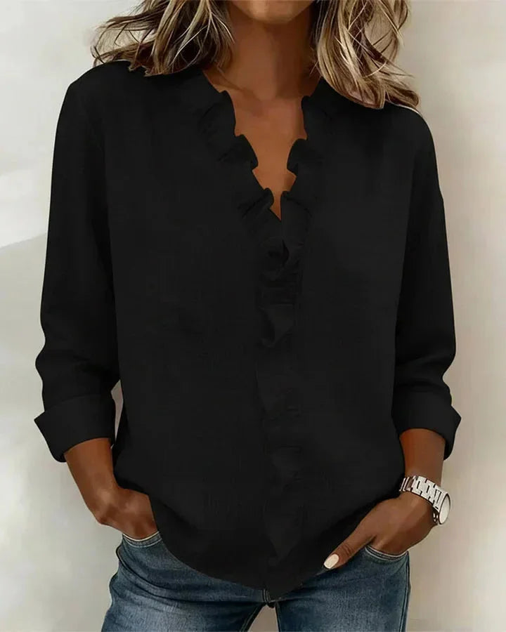 Kara Ruffled V-Neck Blouse in Black