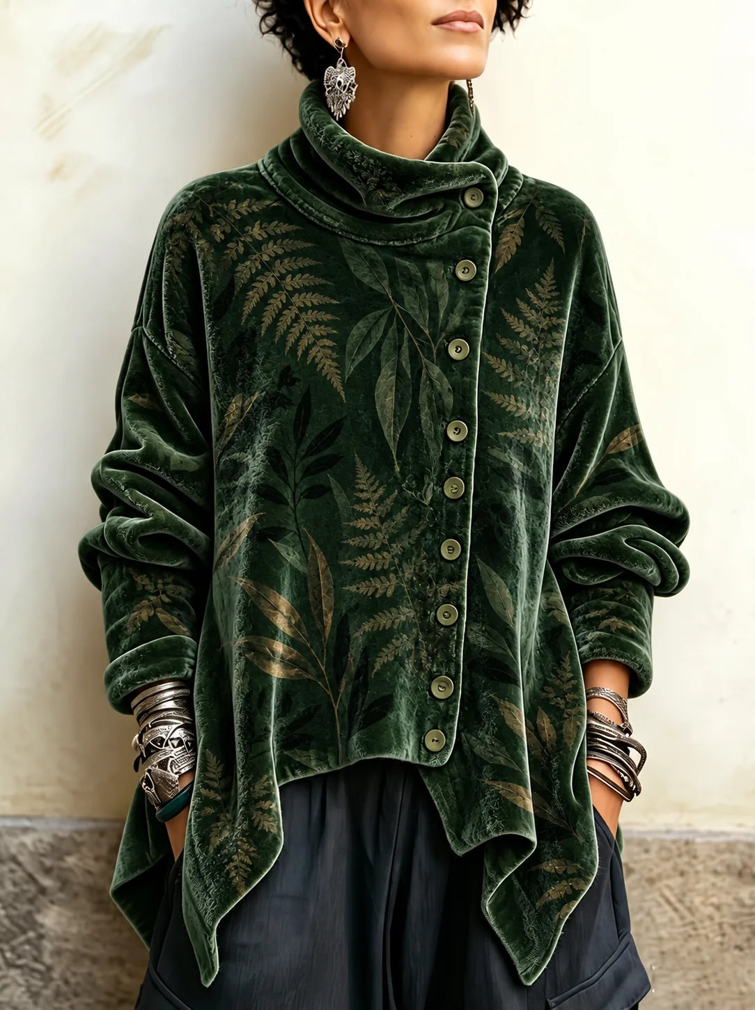 Karen Fern Print Cowl Neck Tunic in Forest Green