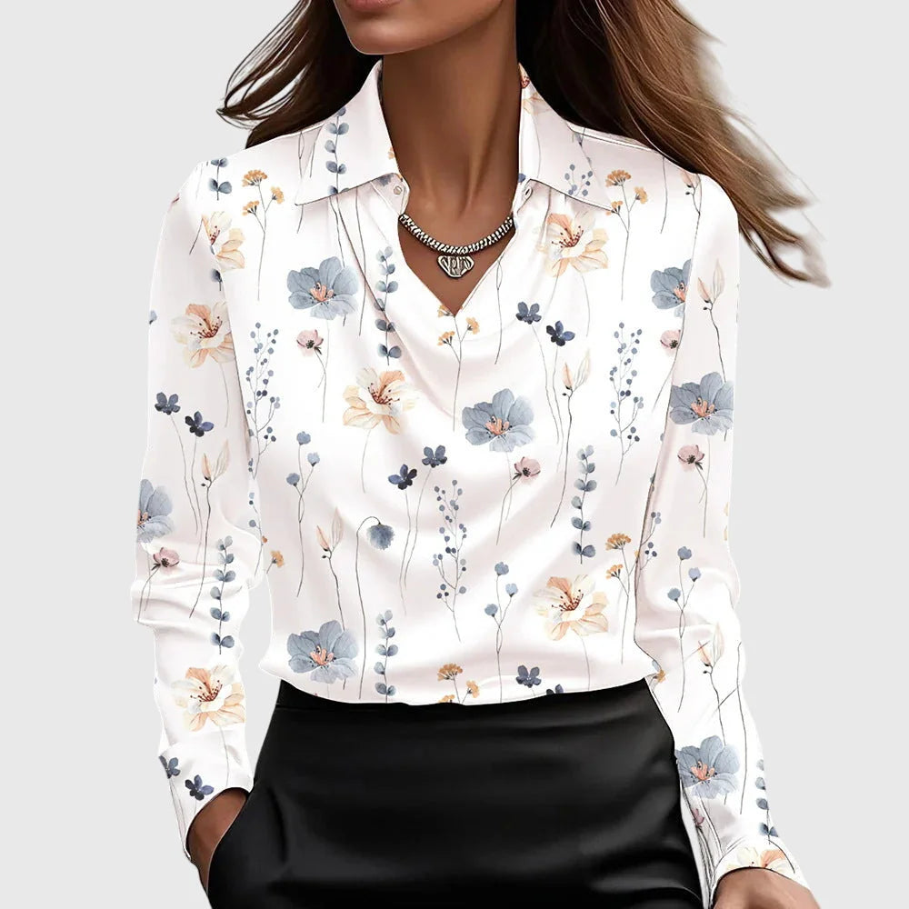 Kate Draped Cowl Neck Blouse in White Floral