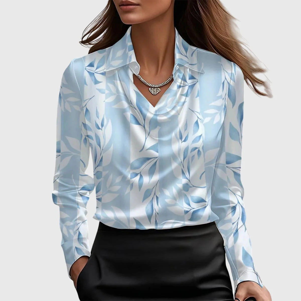 Kate Draped Cowl Neck Blouse in Light Blue Floral