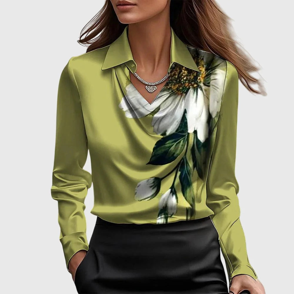 Kate Draped Cowl Neck Blouse in Green Floral
