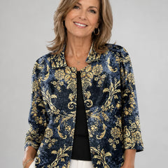 Kathleen Baroque Print Open Front Shirt in Navy Gold