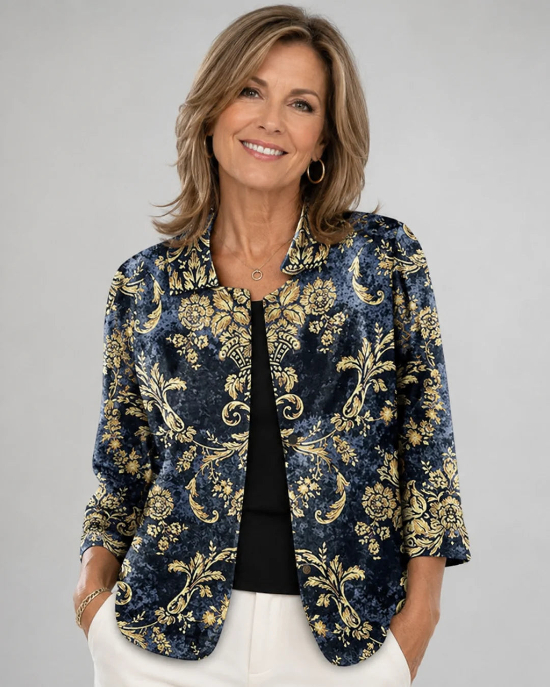 Kathleen Baroque Print Open Front Shirt in Navy Gold