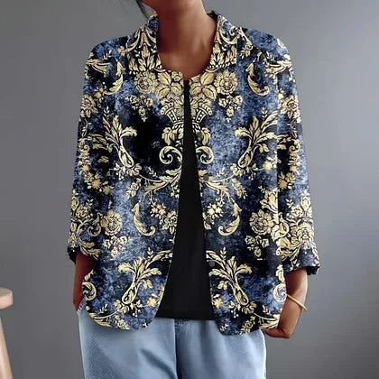 Kathleen Baroque Print Open Front Shirt in Navy Gold