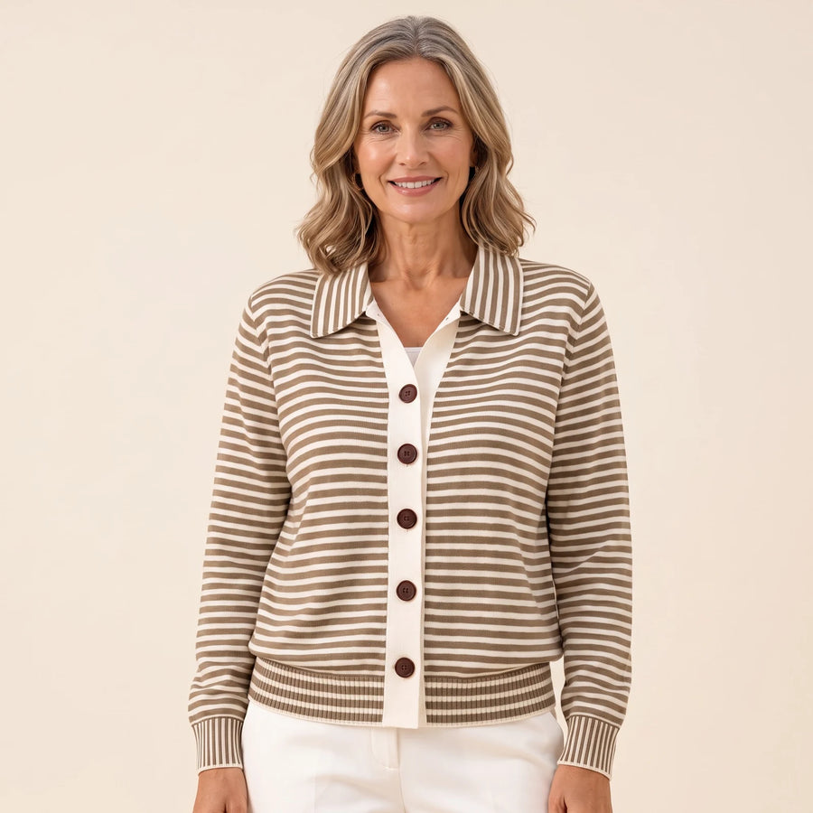 Kathryn Striped Collared Cardigan in Brown, worn