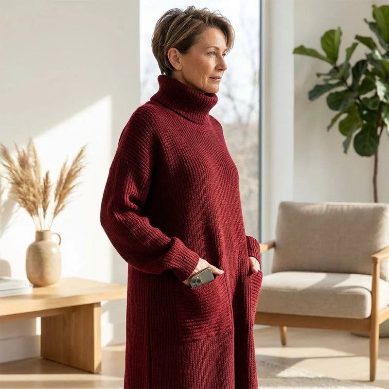 Katrina Turtleneck Maxi Sweater Dress with Pockets in Burgundy