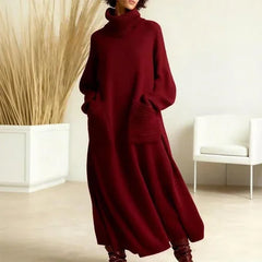 Katrina Turtleneck Maxi Sweater Dress with Pockets in Burgundy