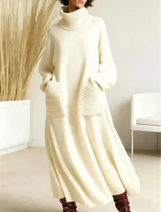 Katrina Turtleneck Maxi Sweater Dress with Pockets in Cream
