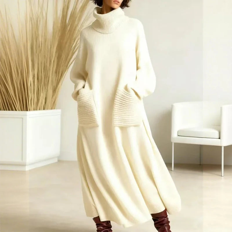 Katrina Turtleneck Maxi Sweater Dress with Pockets in Cream