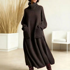 Katrina Turtleneck Maxi Sweater Dress with Pockets in Charcoal Grey