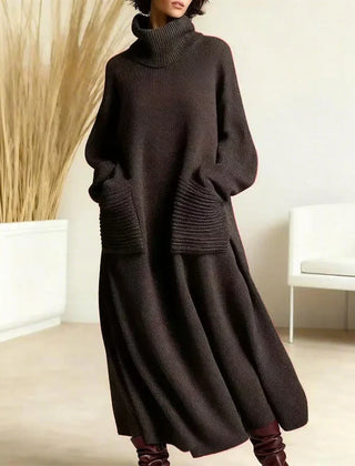 Katrina Turtleneck Maxi Sweater Dress with Pockets in Charcoal Grey