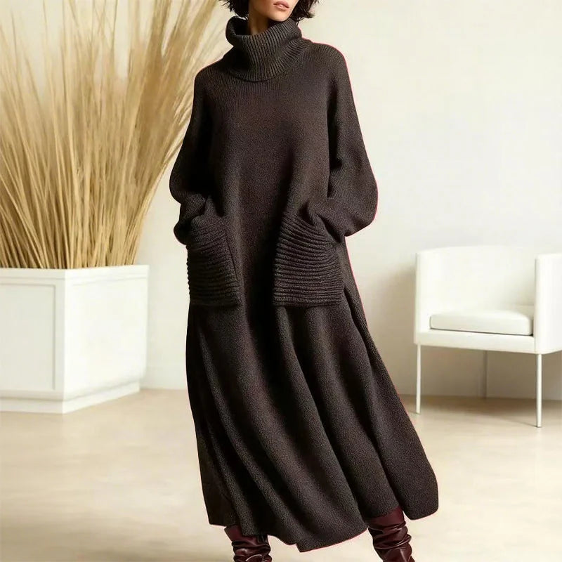 Katrina Turtleneck Maxi Sweater Dress with Pockets in Charcoal Grey