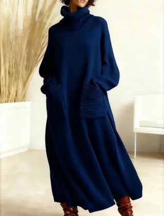 Katrina Turtleneck Maxi Sweater Dress with Pockets in Navy