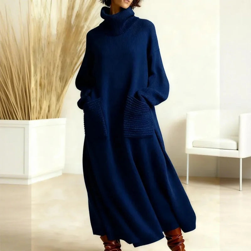 Katrina Turtleneck Maxi Sweater Dress with Pockets in Navy