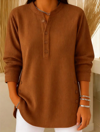 Kay Ribbed Henley Tunic Top in Brown