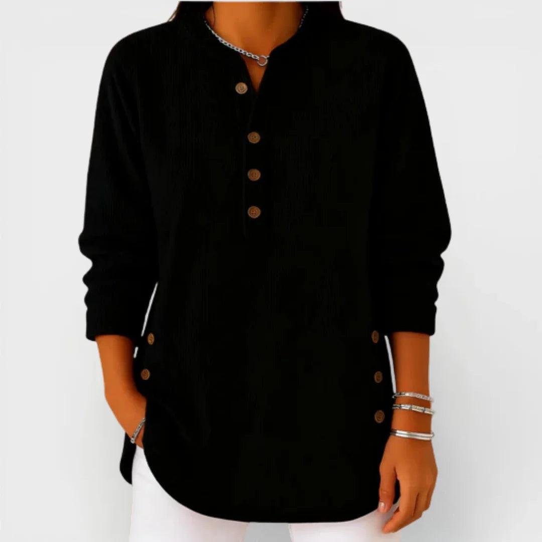 Kay Ribbed Henley Tunic Top in Black
