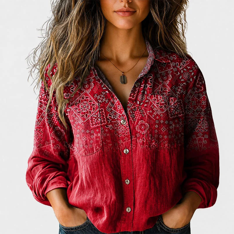 Kelly Boho Print Button-Front Shirt in Red