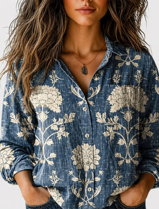 Kelly Boho Print Button-Front Shirt in Blue