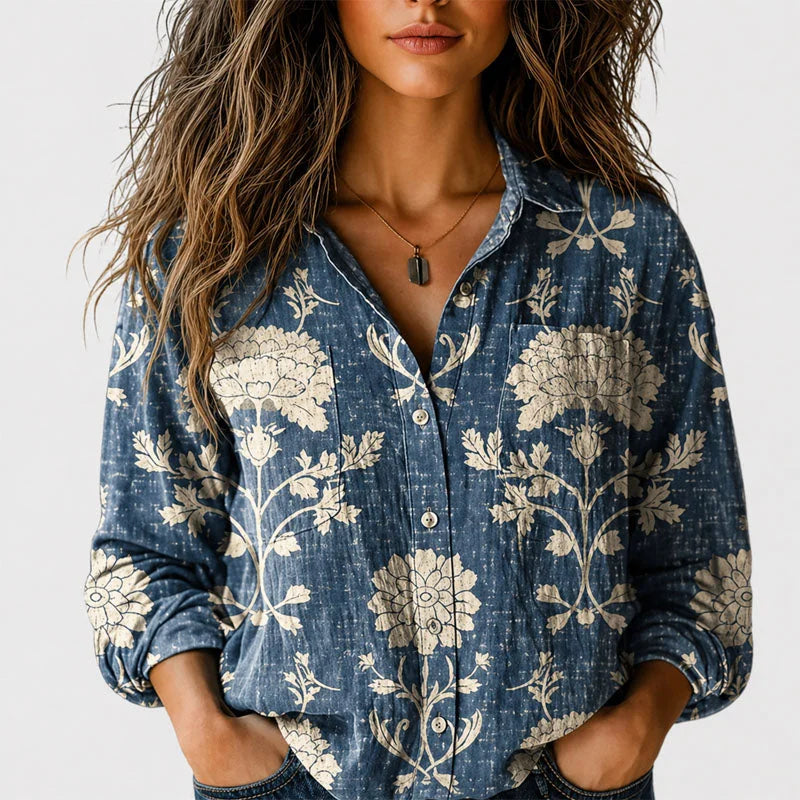 Kelly Boho Print Button-Front Shirt in Blue