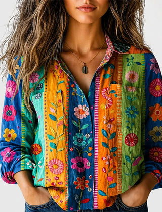 Kelly Boho Print Button-Front Shirt in Orange