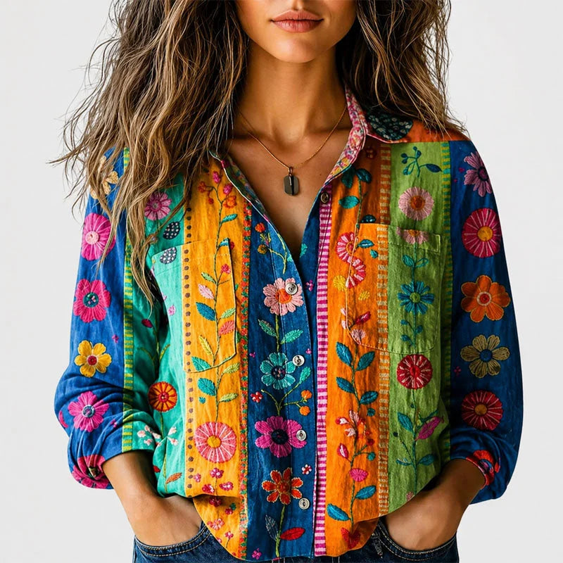 Kelly Boho Print Button-Front Shirt in Orange